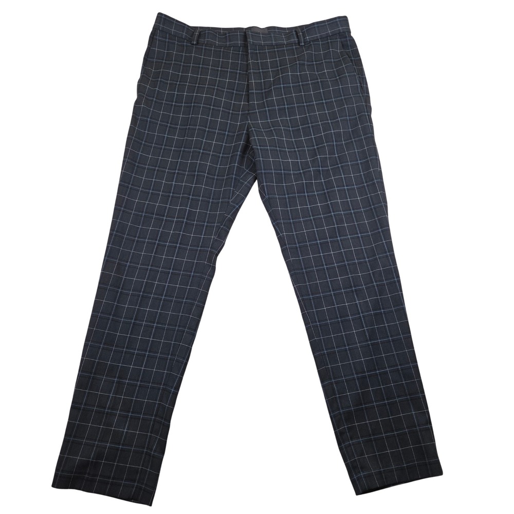 H&M Mens 36 Slim Fit Windowpane Plaid Grid Dress Pants Charcoal Gray Navy 38x29